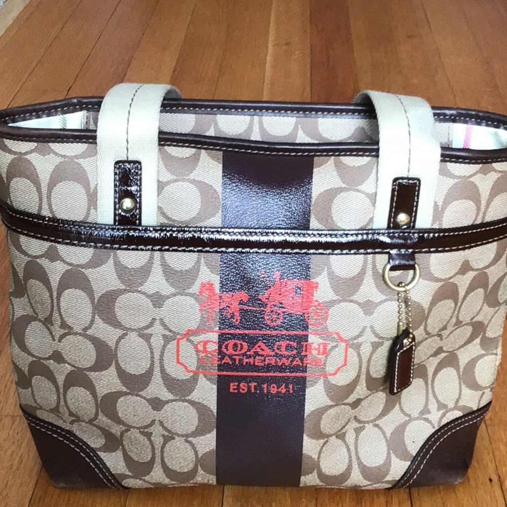 Coach monogram tote, leather and canvas